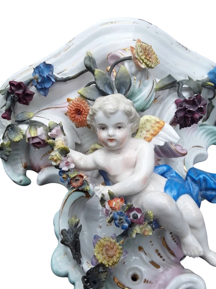 Pair of Dresden Porcelain Wall Brackets with Cherubs & Floral Decoration – AR Mark