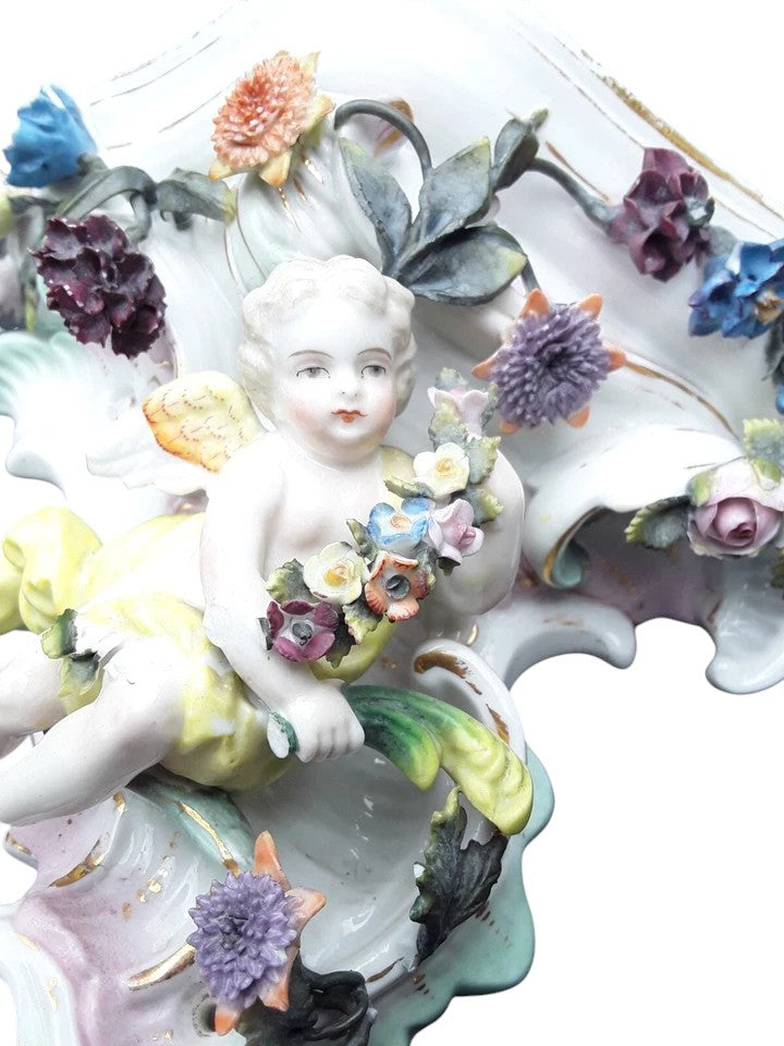 Pair of Dresden Porcelain Wall Brackets with Cherubs & Floral Decoration – AR Mark
