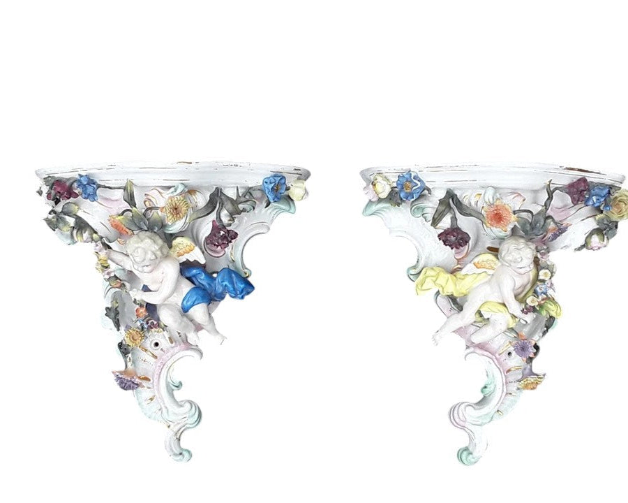 Pair of Dresden Porcelain Wall Brackets with Cherubs & Floral Decoration – AR Mark