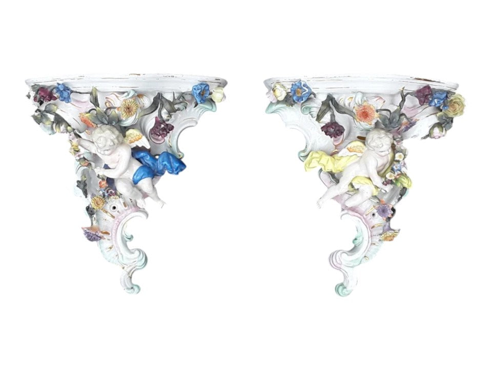 Pair of Dresden Porcelain Wall Brackets with Cherubs & Floral Decoration – AR Mark