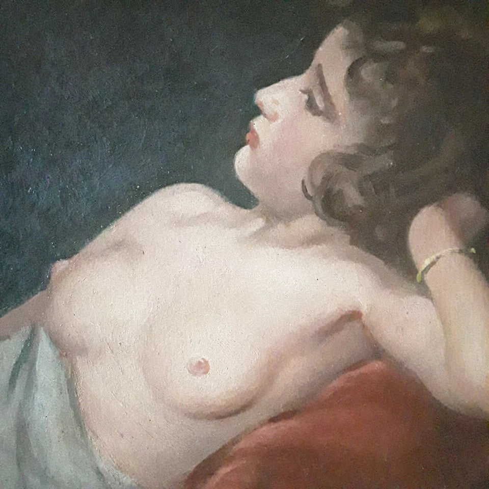 Original watercolor painting of a reclining nude woman signed Krümmer, framed artwork measuring 20.5 × 22 cm.