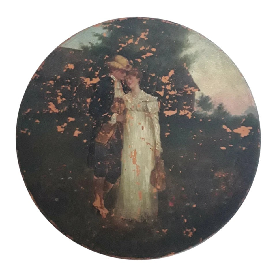 Antique Watcombe Torquay terracotta plaque, 19th century, hand-painted with a romantic couple, signed Heaven’s Gate by Gertrude House.