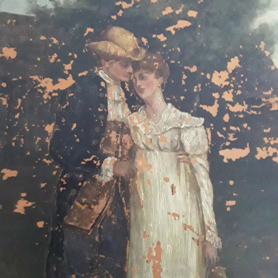 Vintage painting of a couple embracing against a dark background with orange accents