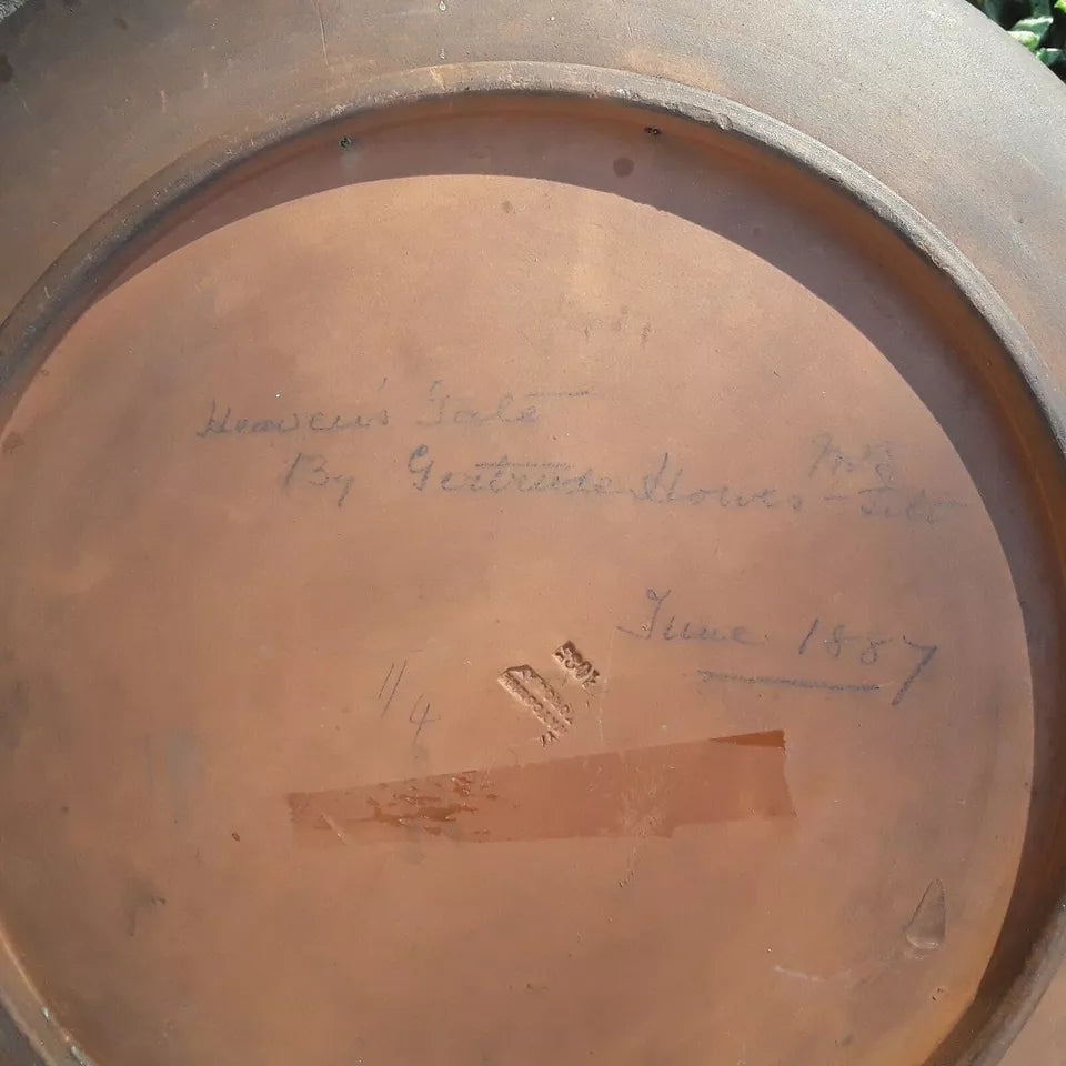 Back of antique Watcombe terracotta plaque, inscribed Heaven’s Gate by Gertrude House, dated June 1887, with impressed Watcombe mark.