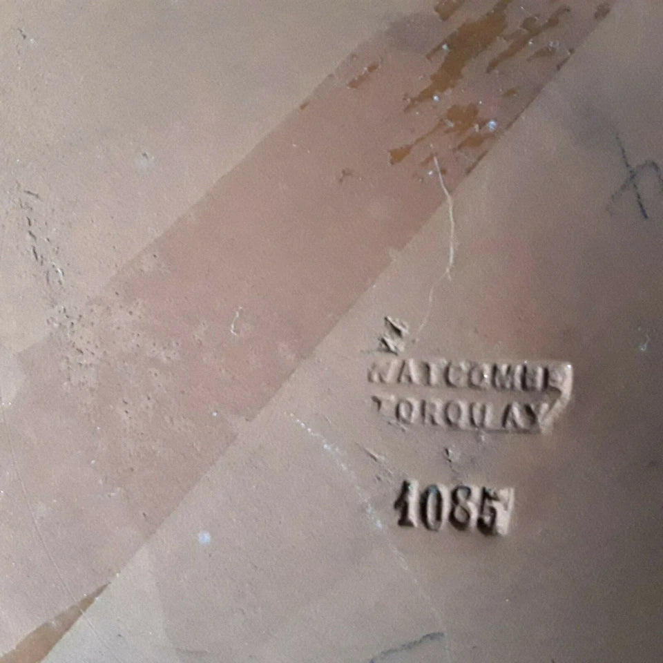 Back of antique Watcombe terracotta plaque, inscribed Heaven’s Gate by Gertrude House, dated June 1887, with impressed Watcombe mark.