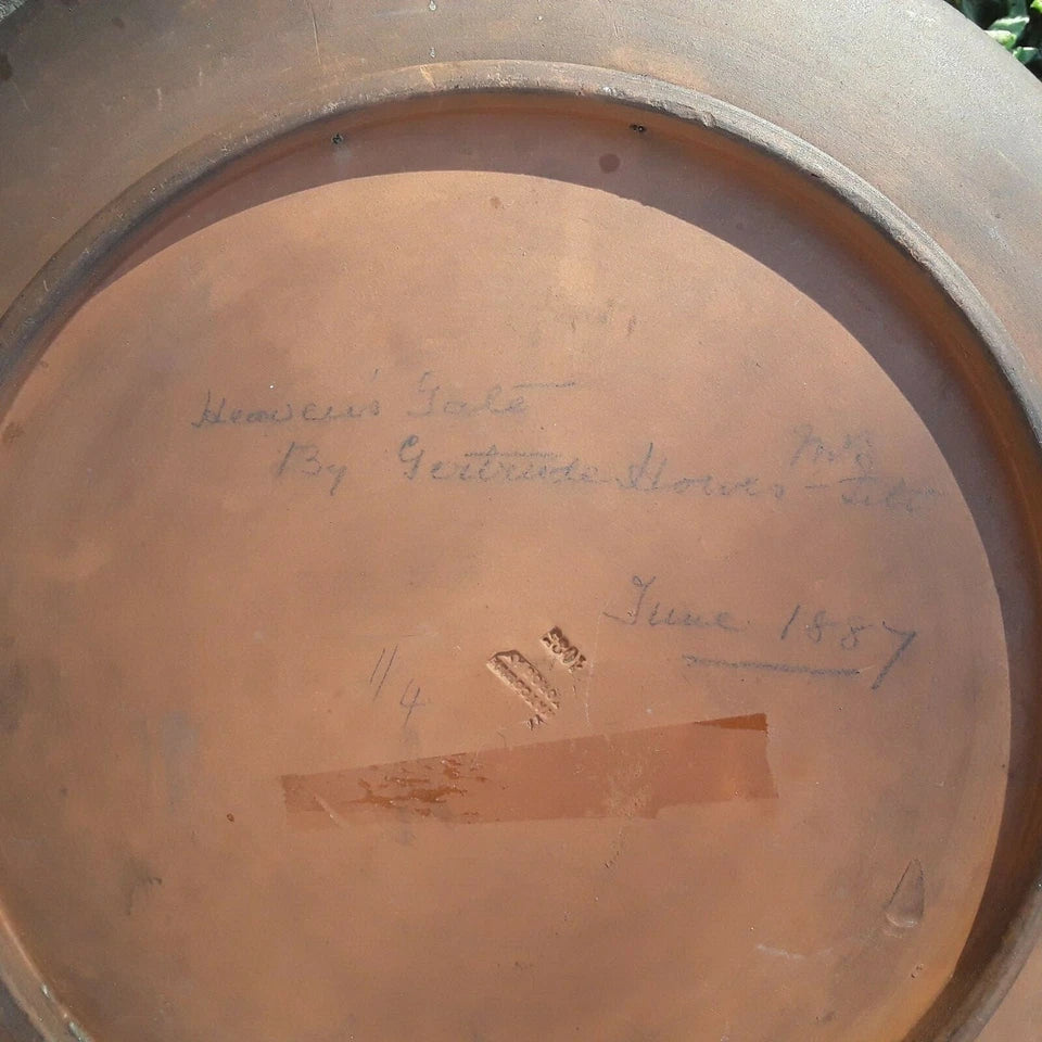 Back of antique Watcombe terracotta plaque, inscribed Heaven’s Gate by Gertrude House, dated June 1887, with impressed Watcombe mark.