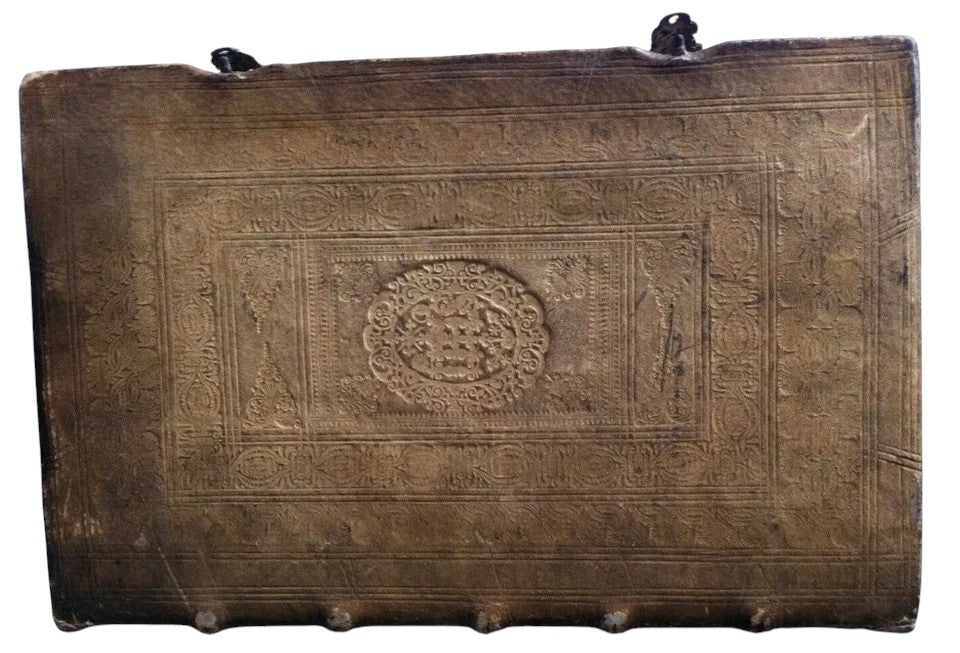 Antique 1694 theological book Theologia Tripartita Universa by Richardi Arsdekin, embossed leather cover