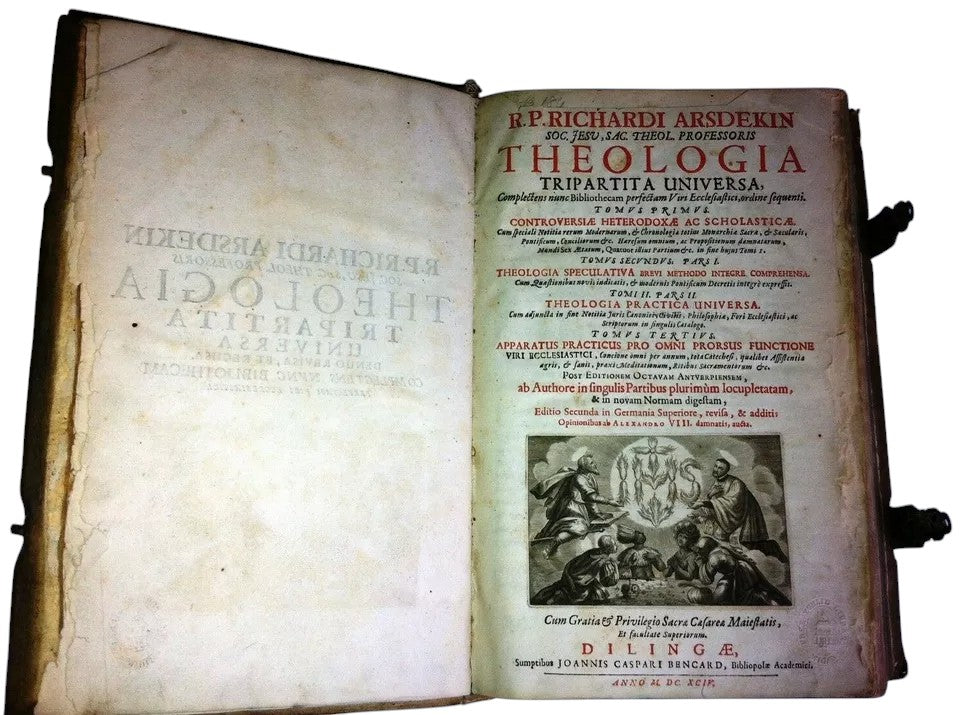 Title page of Richardi Arsdekin’s Theologia Tripartita Universa, printed 1694, antique folio book