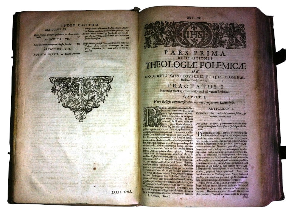 Original 17th century theological volume with engraved title page and decorative binding