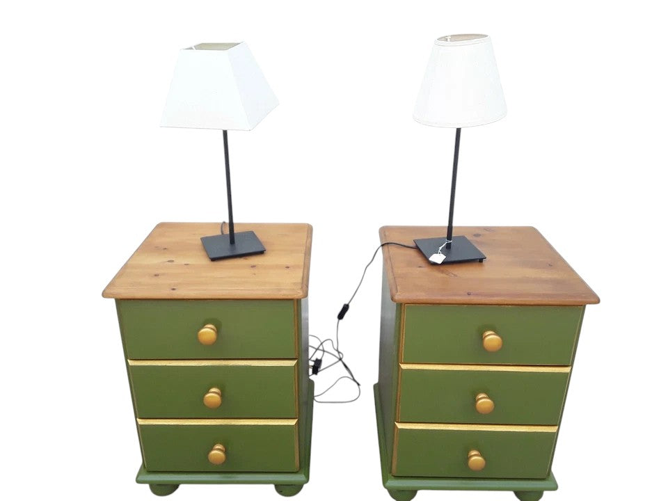 Pair of restored Victorian-style pine bedside chests with waxed antique tops, green painted bases, and three drawers, circa late 19th century style.