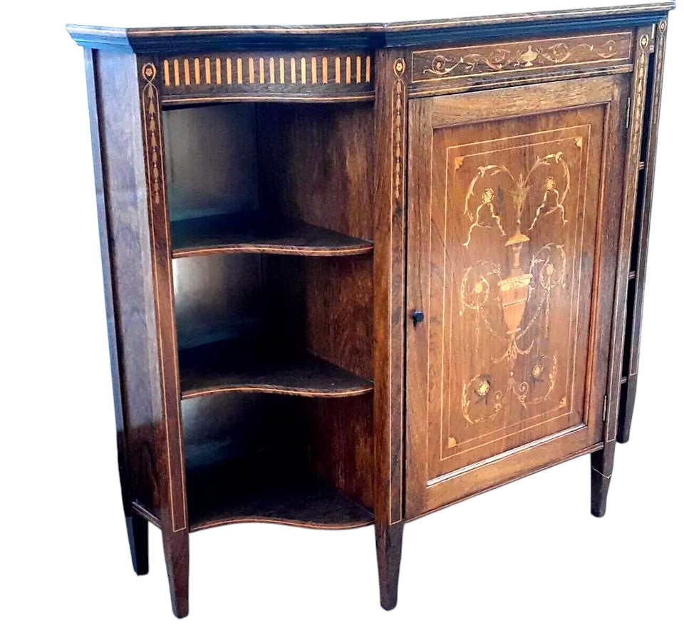 Edwardian rosewood credenza with neoclassical inlay and open shelves