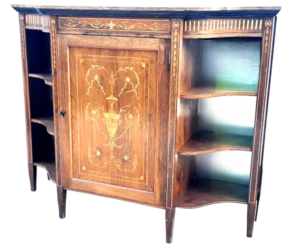Antique rosewood credenza with central cupboard and open side shelves