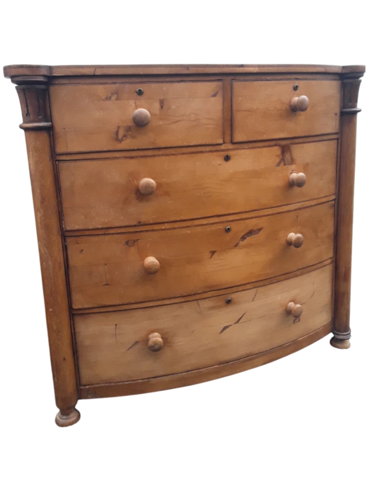 Exceptional Victorian Solid Pine Bow-Front Chest of Drawers