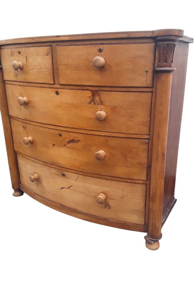 Exceptional Victorian Solid Pine Bow-Front Chest of Drawers