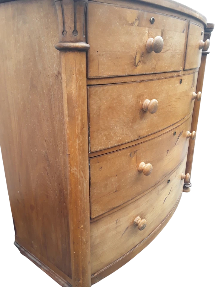 Exceptional Victorian Solid Pine Bow-Front Chest of Drawers