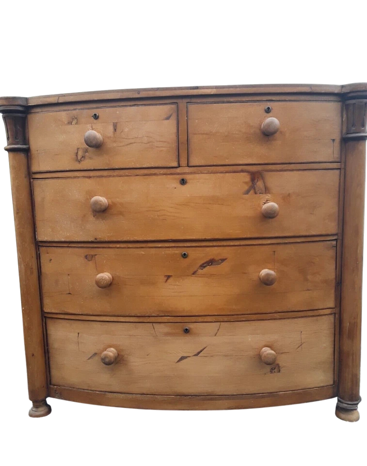 Exceptional Victorian Solid Pine Bow-Front Chest of Drawers