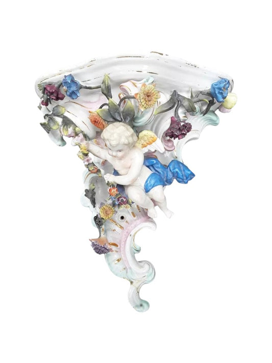 Pair of Dresden Porcelain Wall Brackets with Cherubs & Floral Decoration – AR Mark