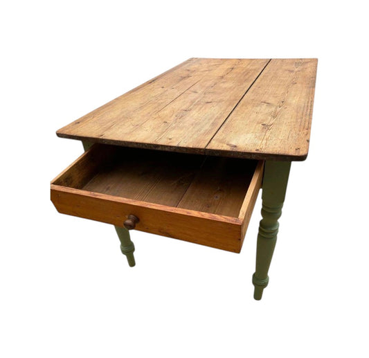 Antique Rustic Pine Farmhouse Dining Table with Drawer | Country Kitchen Charm