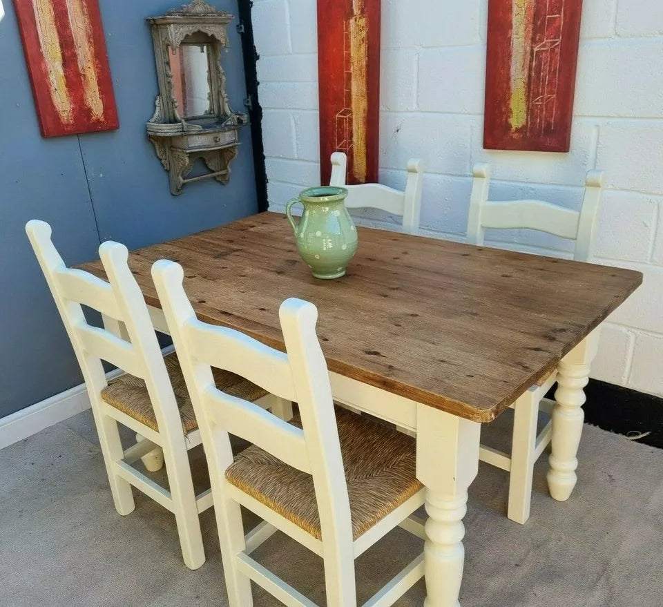 Rustic Farmhouse Pine Dining Table with Four Chairs – Antique Vintage Style