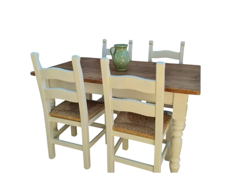 Rustic Farmhouse Pine Dining Table with Four Chairs – Antique Vintage Style