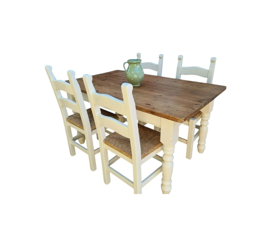 Rustic Farmhouse Pine Dining Table with Four Chairs – Antique Vintage Style