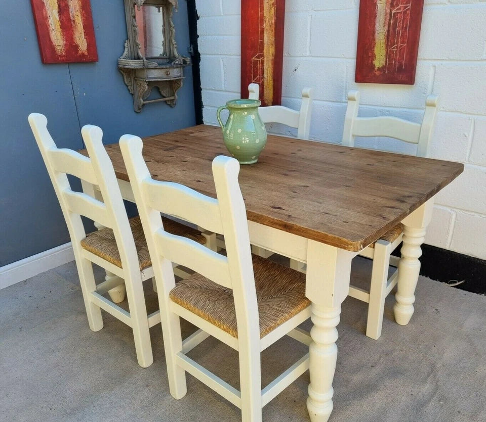 Rustic Farmhouse Pine Dining Table with Four Chairs – Antique Vintage Style