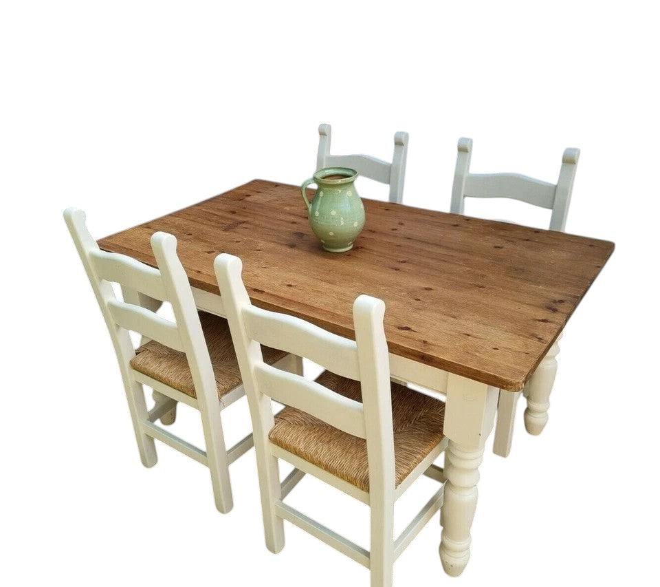 Rustic Farmhouse Pine Dining Table with Four Chairs – Antique Vintage Style