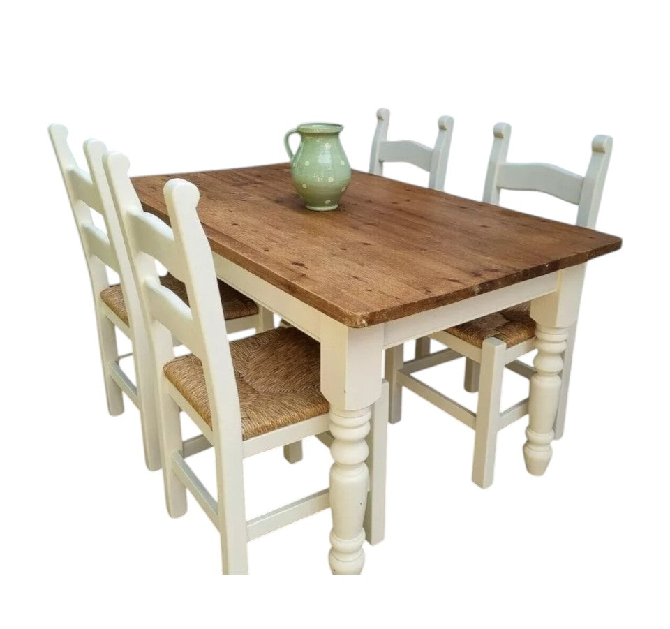 Rustic Farmhouse Pine Dining Table with Four Chairs – Antique Vintage Style