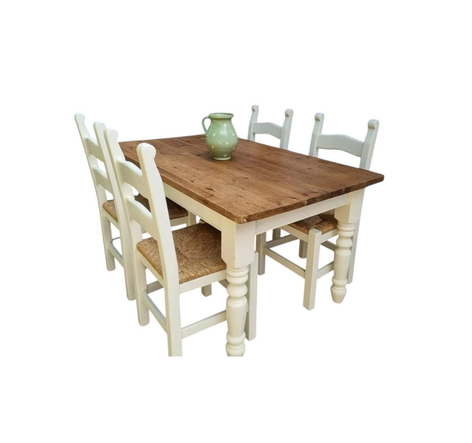 Rustic Farmhouse Pine Dining Table with Four Chairs – Antique Vintage Style