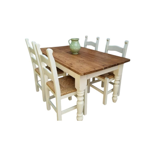 Rustic Farmhouse Pine Dining Table with Four Chairs – Antique Vintage Style