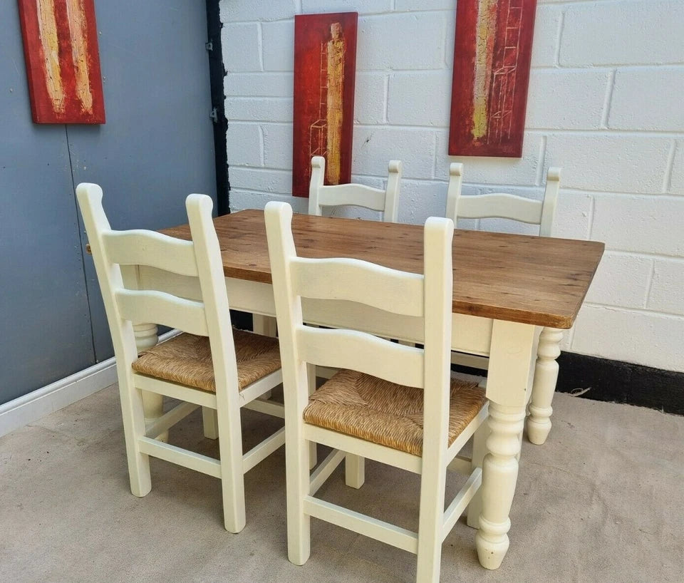 Rustic Farmhouse Pine Dining Table with Four Chairs – Antique Vintage Style