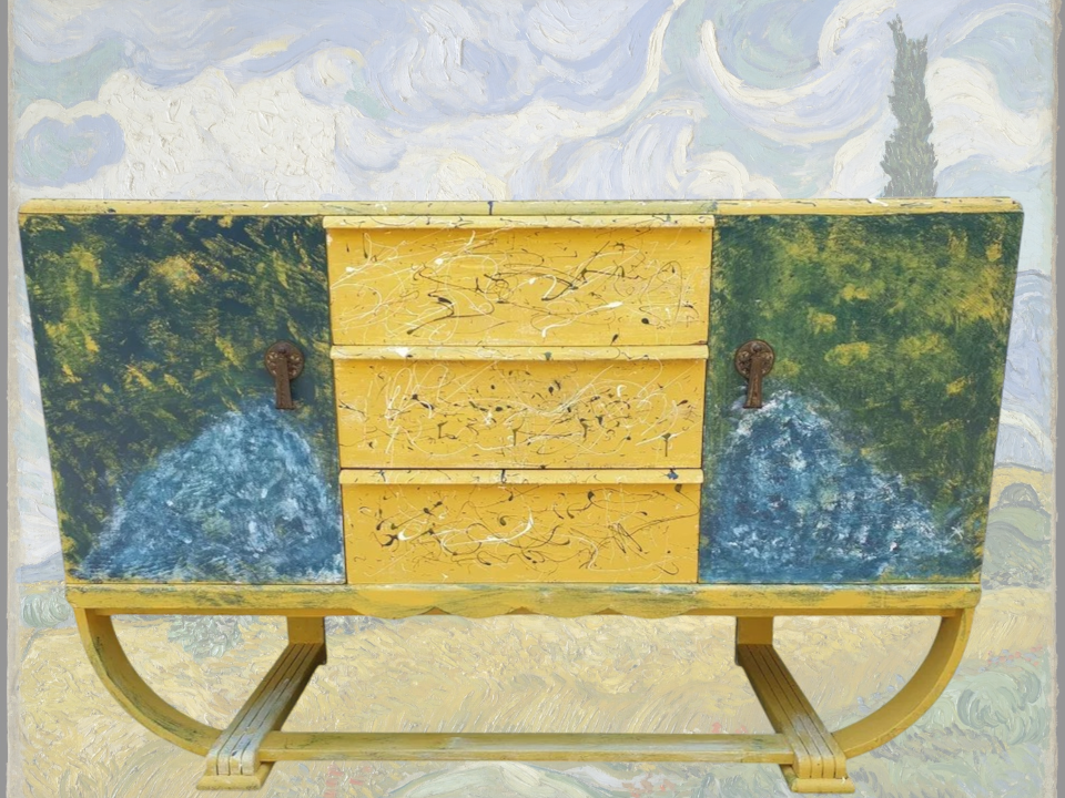 Vintage Mid-Century Hand-Painted Sideboard inspired by Van Gogh