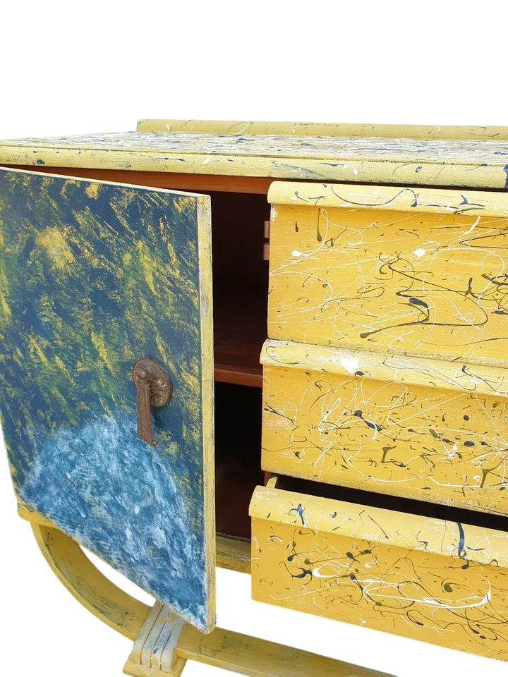 Vintage Mid-Century Hand-Painted Sideboard inspired by Van Gogh
