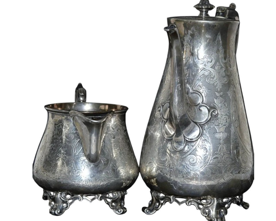 Victorian Solid Silver Engraved Coffee/Tea Pot & Milk Jug – Edward & John Barnard, London 1872
