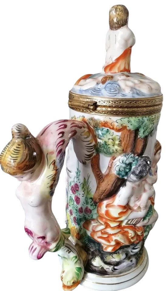 Vintage Capodimonte Hand-Painted Jug with Cupid Finial – Italian Majolica Porcelain