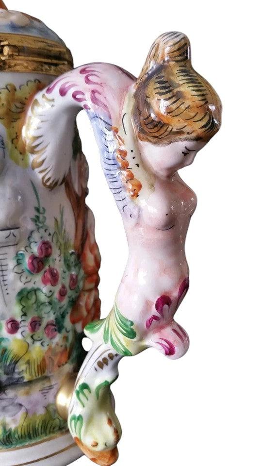Vintage Capodimonte Hand-Painted Jug with Cupid Finial – Italian Majolica Porcelain