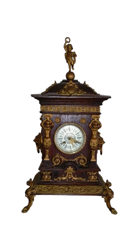 Antique Oak Mantel Clock with Brass Dial & Figurines | Pre-1900