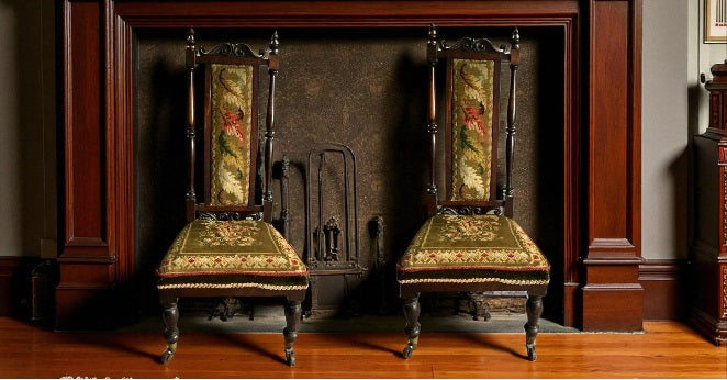 Pair of ornate chairs with floral patterns in a room with wooden flooring and a fireplace.