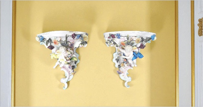 Pair of Dresden Porcelain Wall Brackets with Cherubs & Floral Decoration – AR Mark